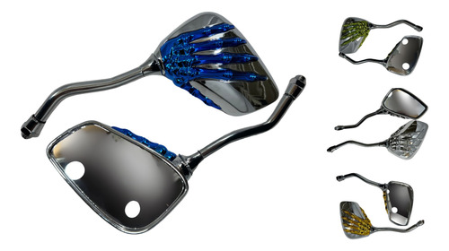 Espejo Retrovisor Cromado Mano Esqueleto Azul